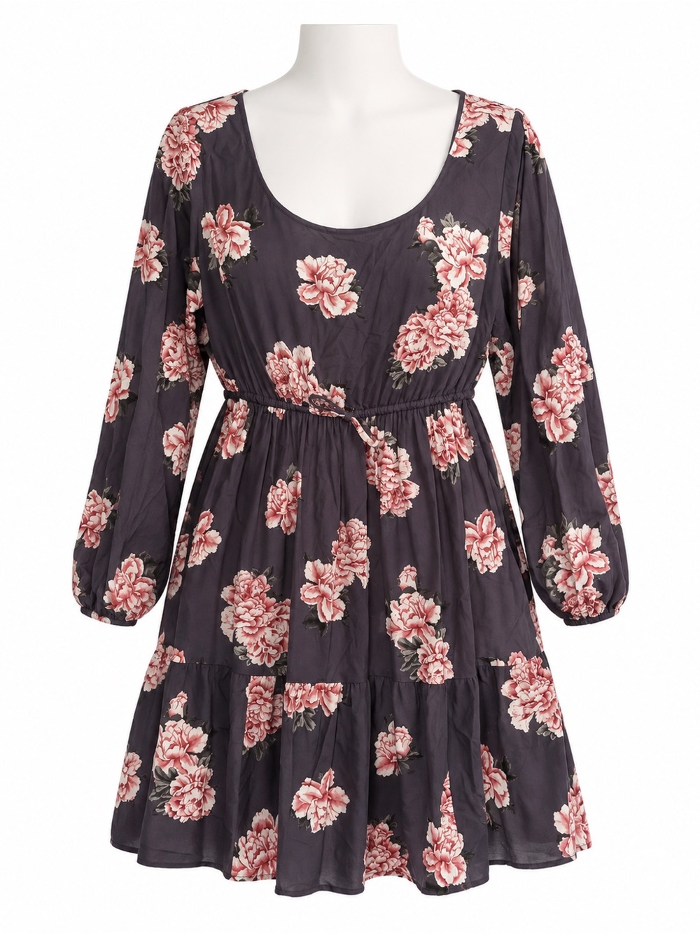 Size 1X Torrid Mini Challis Skater Dress Gray Pink Floral Tiered Long Sleeve